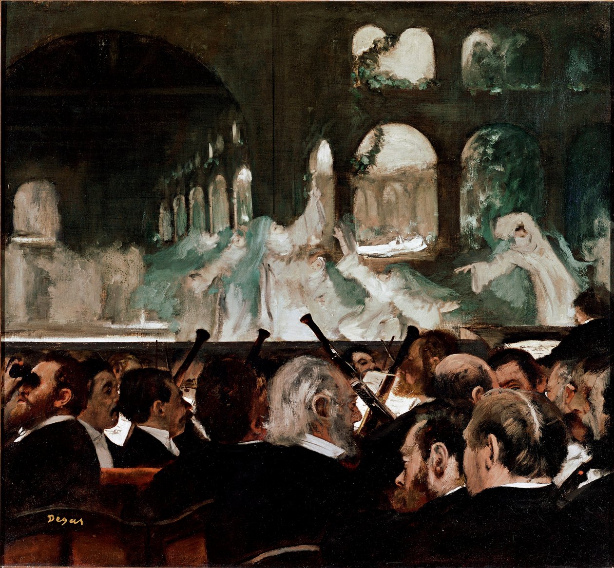 Vid baletten Robert le Diable”” de Meyerbeer”” Balett komponerad av Jakob (Giacomo) Liebmann Meyerbeer (1791-1864) och Eugene Scribe. Åskådare på första raden. Målning av Edgar Degas (1834-1917) 1876 Sön. 75x81 cm London, Victoria and Albert Museum av Edgar Degas