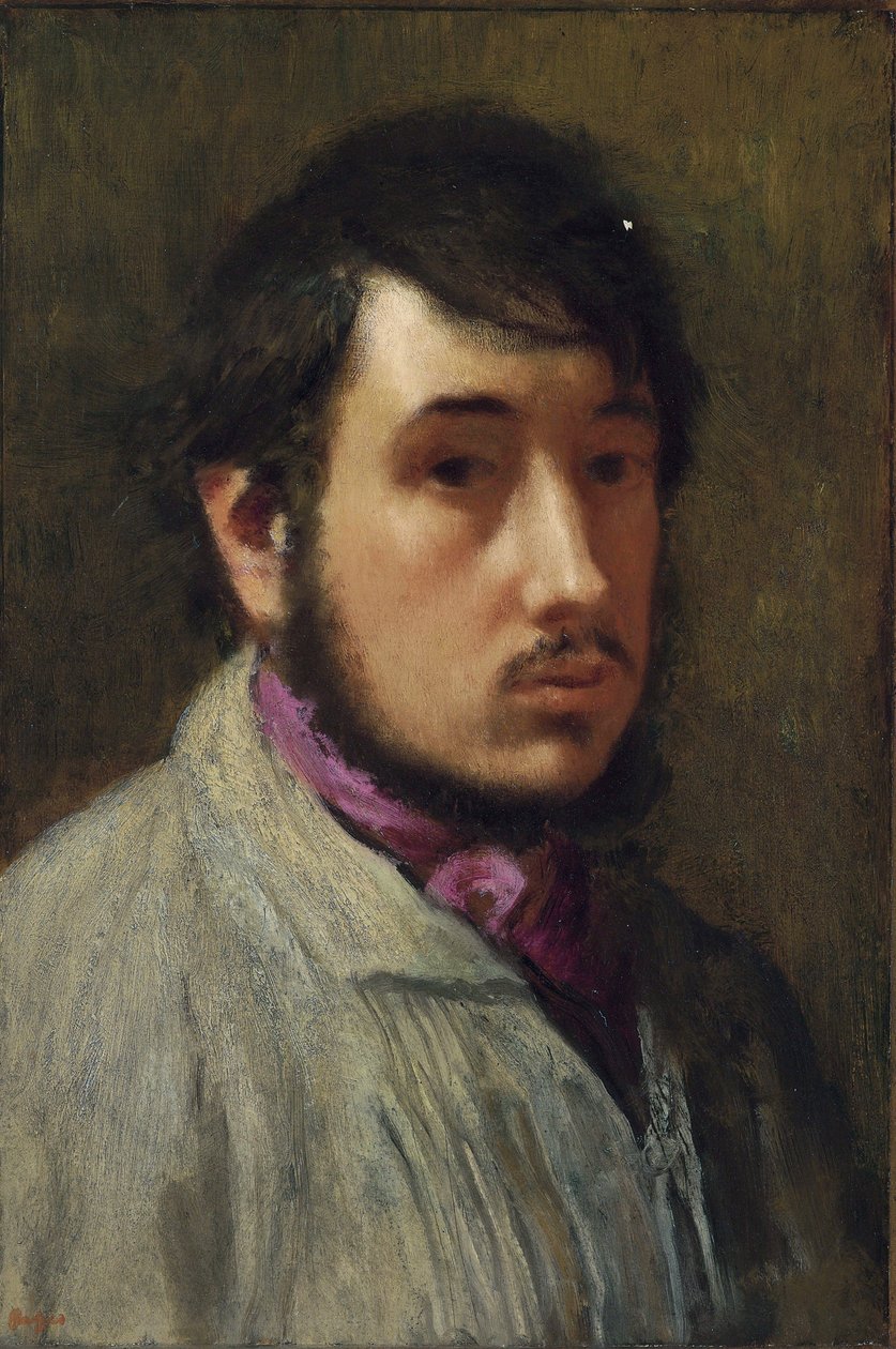 Självporträtt - Målning av Edgar Degas (1834-1917), olja på papper, cirka 1858, 47x32 cm - (Självporträtt, Olja på papper av Edgar Degas) - Privat samling av Edgar Degas