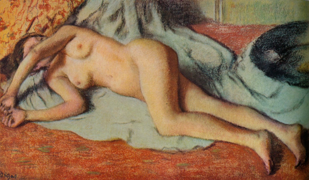 Badande liggande på marken, c1885 av Edgar Degas
