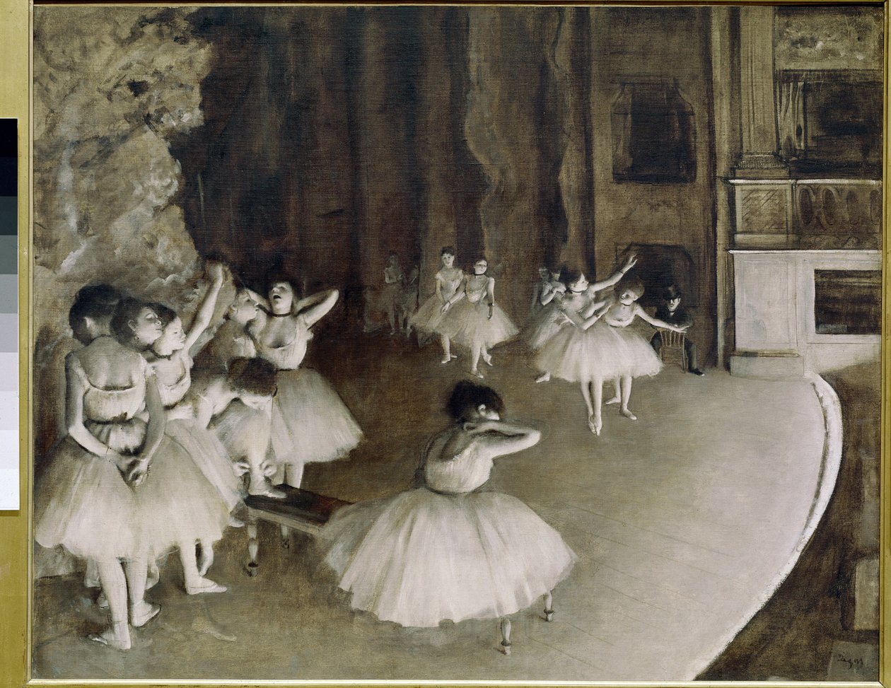 Balettrepetition på scenen (olja på duk av Edgar Degas