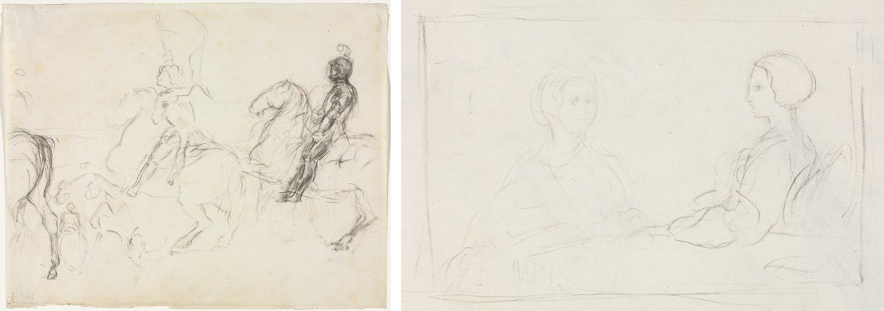 Stridsscen med pansarfigurer på hästryggen (recto) Två sittande kvinnor (verso) av Edgar Degas