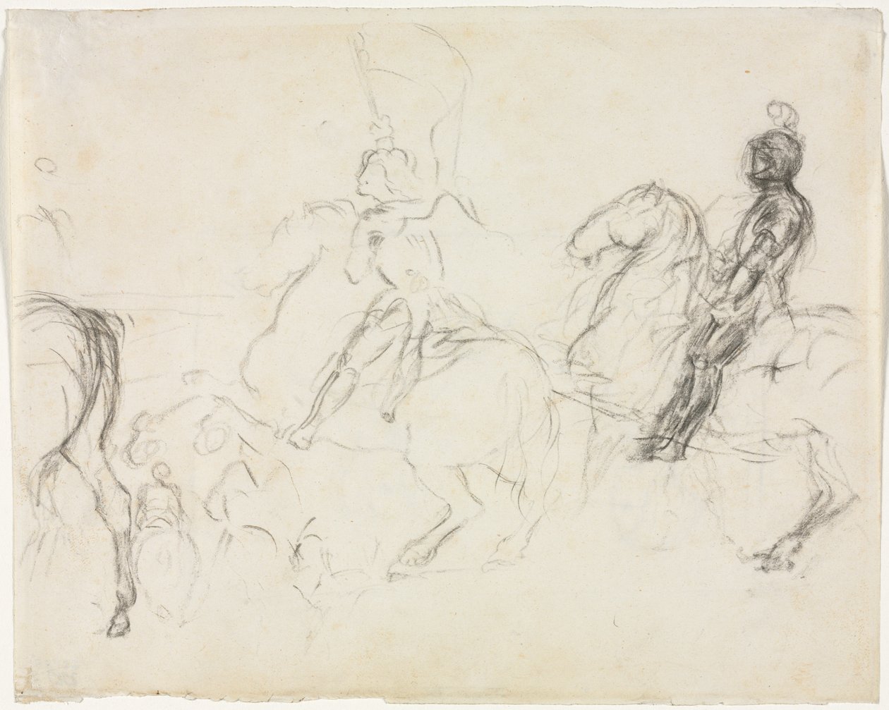 Stridsscen med pansarfigurer på hästryggen recto två sittande kvinnor ago, 1856-1860. av Edgar Degas