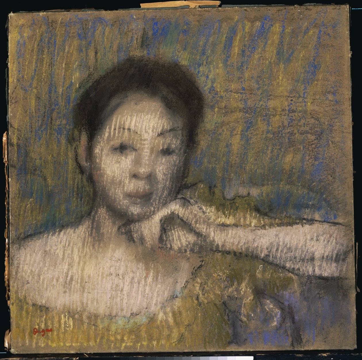 Byst av en kvinna med vänster hand på hakan, ca 1895-98 av Edgar Degas