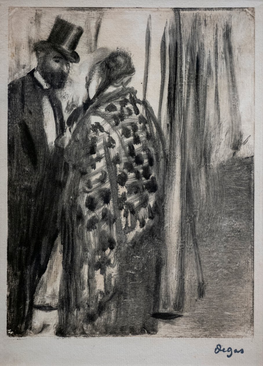 Samtal (Ludovic Halevy och Madame Cardinal). Omkring 1876-1877. Monotype har svarta bläckfästen på en sekundär stödkartong av konstnären. av Edgar Degas