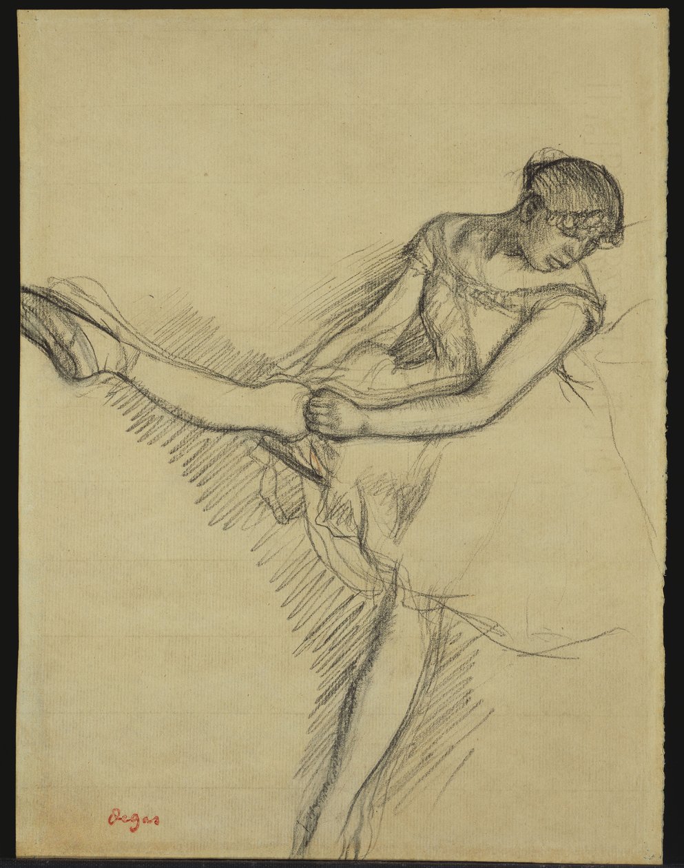 Sittande dansare, justerar sin strumpa, c.1880 av Edgar Degas