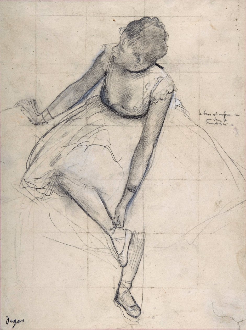 Dansare justerar sin sko (ballerina). Teckning av Edgar Degas (1834-1917) New York City. Metropolitans Konstmuseum. av Edgar Degas