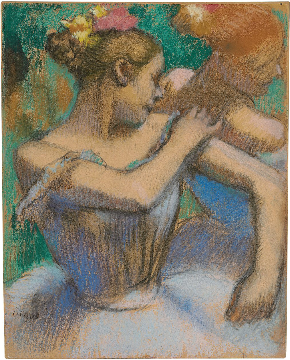 Dansare justerar sin axel, ca 1896-99 av Edgar Degas