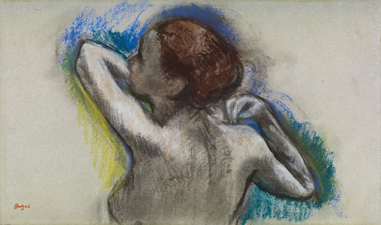 Dansare justerar sin axelrem, ca 1895-1900 (kol  pastell på papper) av Edgar Degas