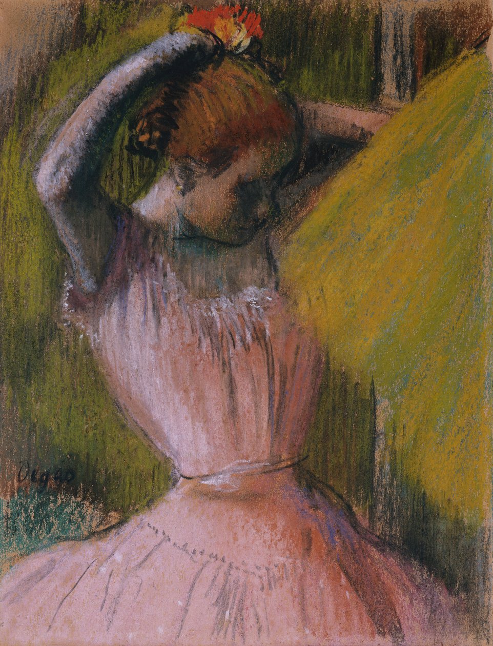 Dansare som arrangerar sitt hår, ca 1900-1912 (pastell på papper nedlagt på sträckt papper) av Edgar Degas