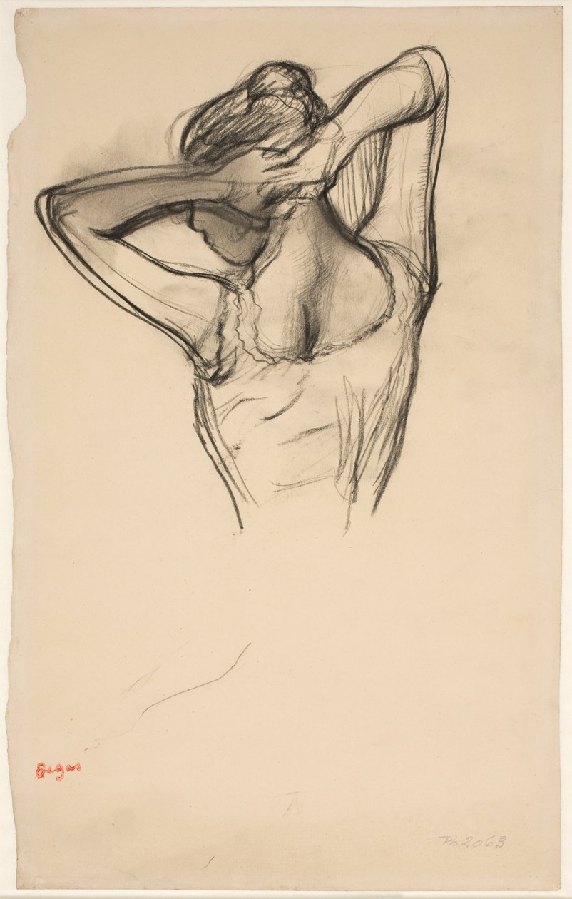 Dansare, halvkropp, armarna korsade bakom huvudet, ca 1890 (blyerts på papper) av Edgar Degas
