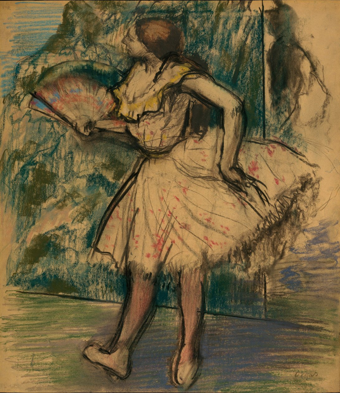 Dancer with a Fan, ca 1890-95 (pastell och kol på gulfärgat vävt kalkerpapper) av Edgar Degas