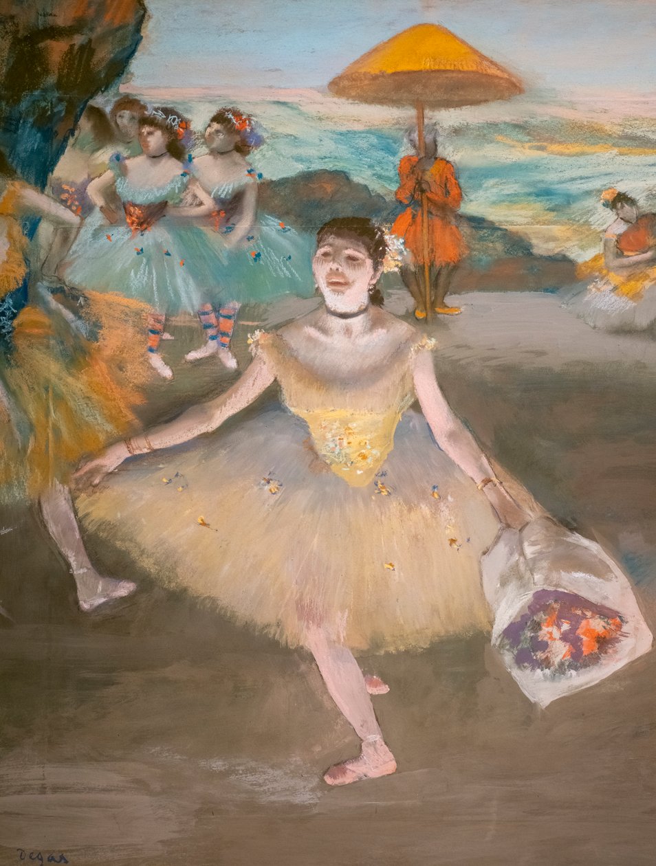 Dansare med en välkomnande bukett (detalj). 1878. Pastell på velinpappersmaroufl på duk. av Edgar Degas