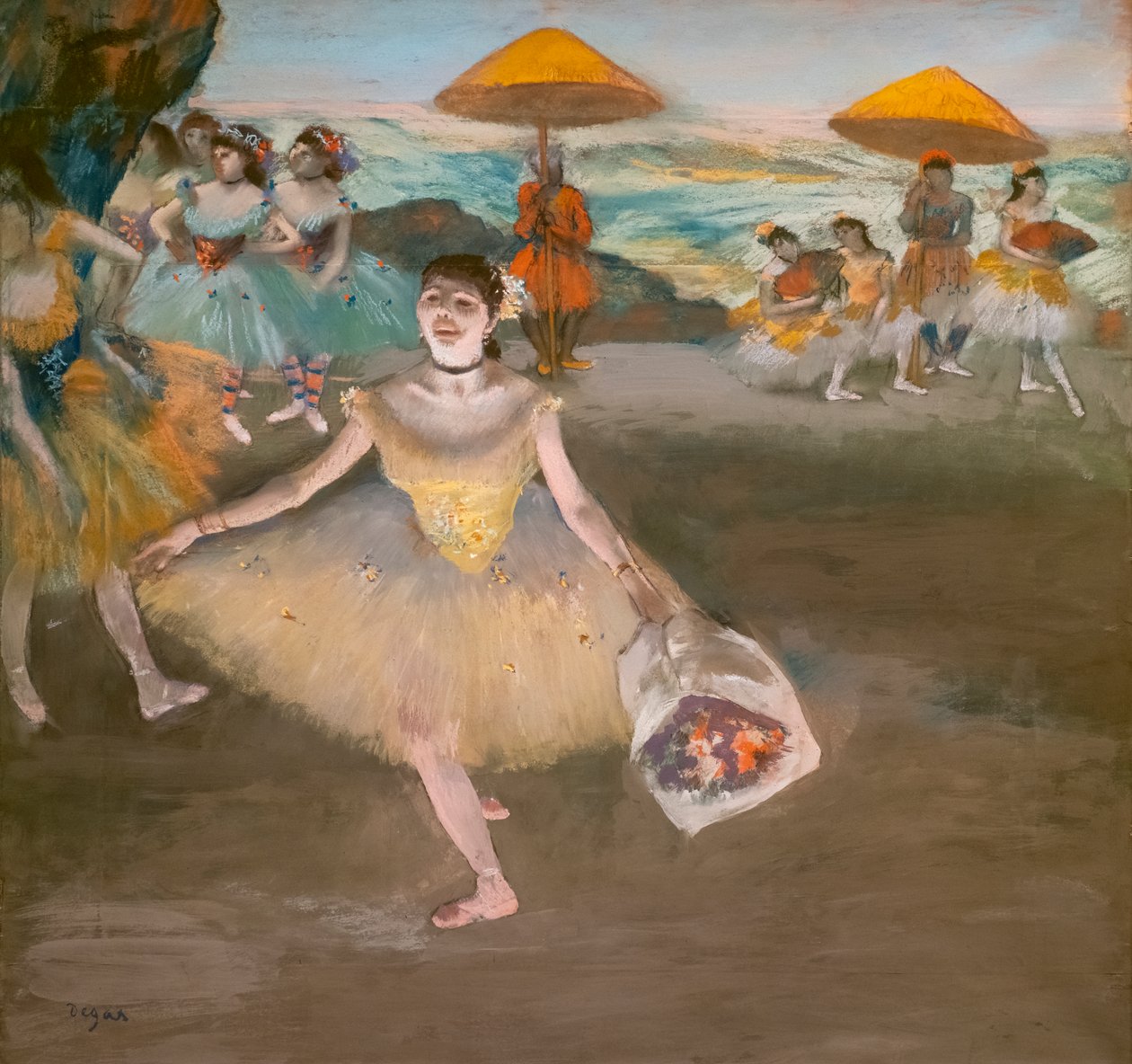 Dansare med en hälsande bukett. 1878. Pastell på velinpappersmaroufl på duk. av Edgar Degas