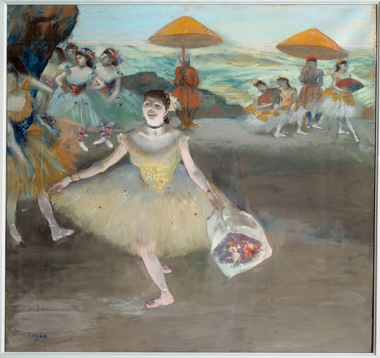 Dansare med buketthälsning på scen Målning av Edgar Degas (1834-1917). 1878. Sön 0,72x0,77 m Musee d