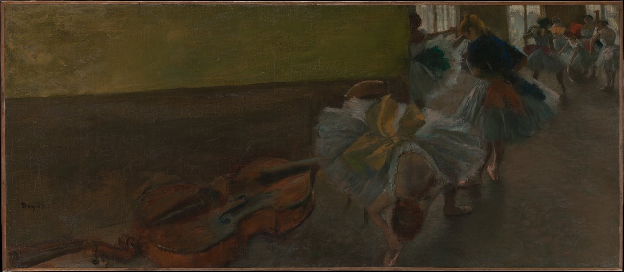 Dansare i repetitionssalen tillsammans med en kontrabas av Edgar Degas