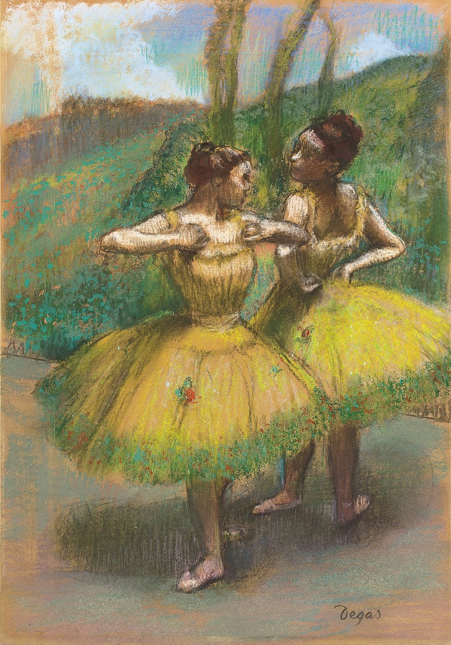 Dansare med gula klänningar; Danseuses jupes jaunes, ca 1896 (pastell och kol på sammanfogat papper) av Edgar Degas