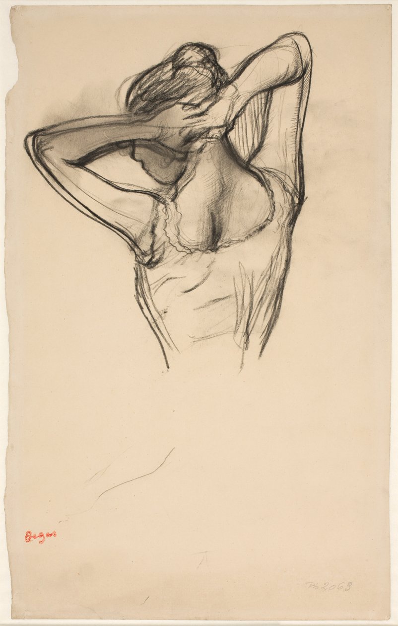 Dansare som sätter sitt hår; halvfigur i profil till vänster, hälften bakifrån av Edgar Degas