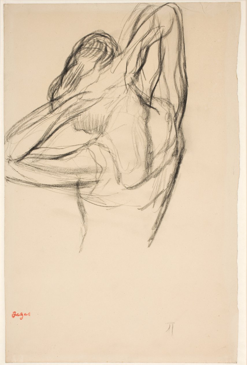 Dansare som sätter sitt hår; halvfigur i profil till vänster, hälften bakifrån av Edgar Degas