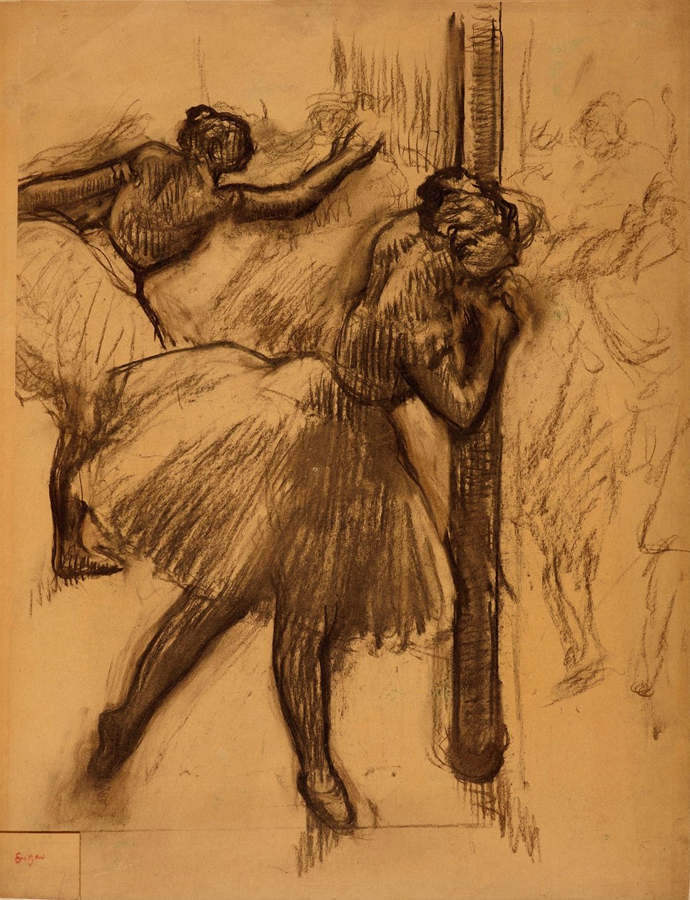 Dansös lutad mot en pelare av Edgar Degas