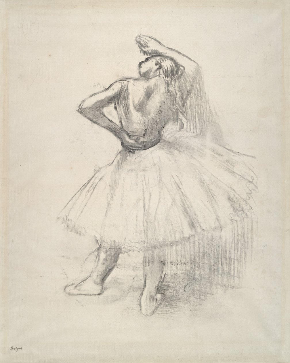 Stående dansare, högerarm upphöjd, ca 1891 (motbevis mot ritning på papper) av Edgar Degas