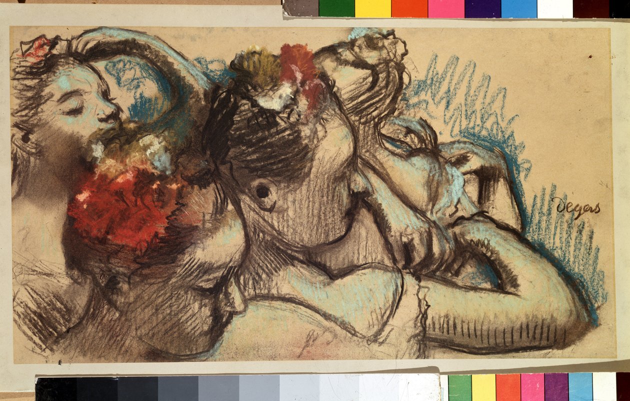 Dansare. Ballerinor (stjärndansare) anpassar sina kläder i omklädningsrummen (backstage) innan de går och dansar på scenen. Teckning av Edgar Degas (1834-1917) av Edgar Degas