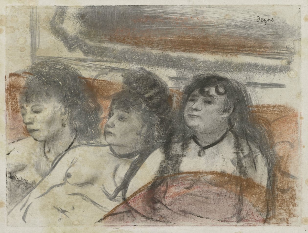 Tre kvinnor på en bordell Trois filles assisterar av Edgar Degas