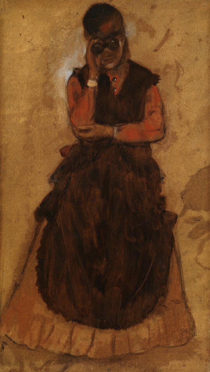 Flicka som tittar genom operaglasögon (olja på panel) av Edgar Degas