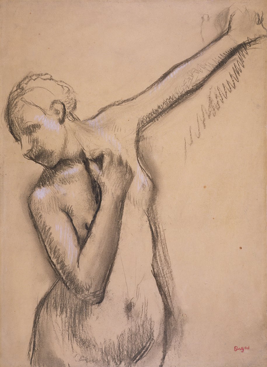 Halvlängd naken flicka, ca 1895 (kol förhöjd med vitt på kalkerpapper) av Edgar Degas