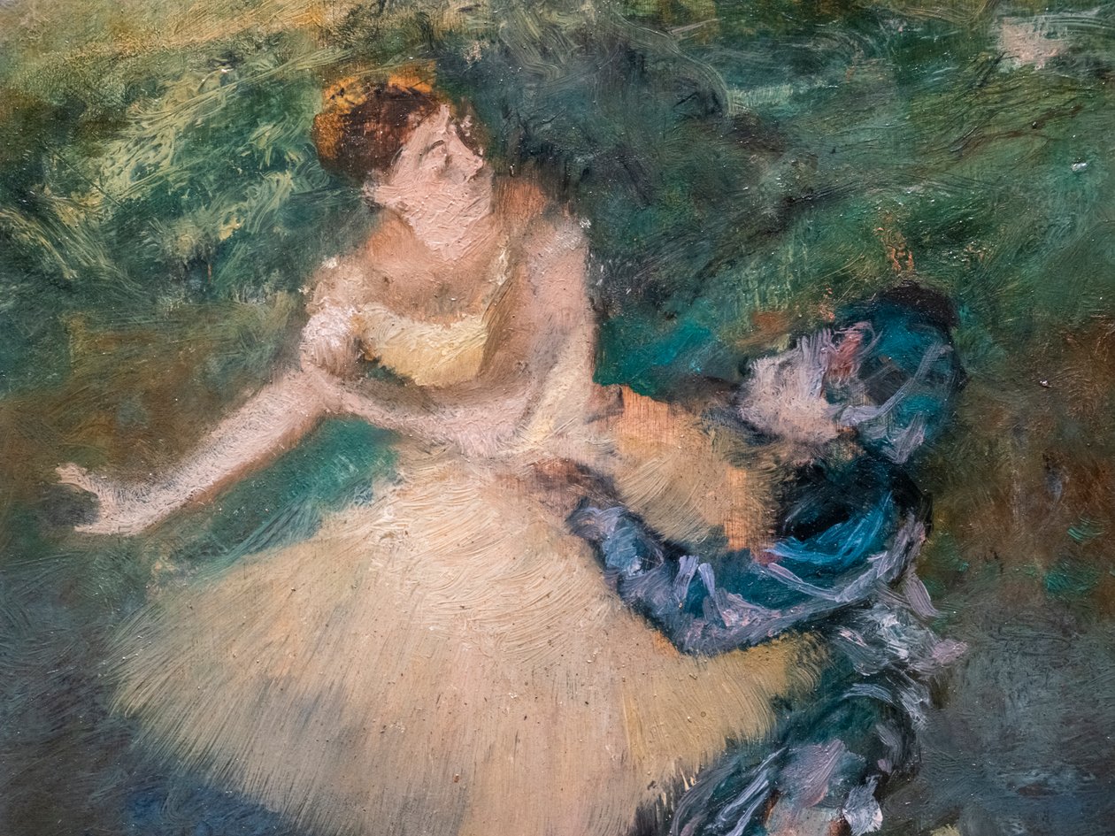 Harlekin och Colombine (detalj). Omkring 1895. Olja på trä. av Edgar Degas