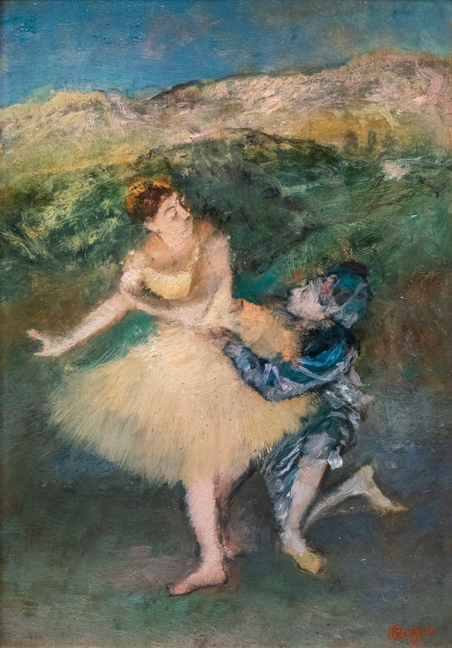 Harlekin och Colombine. Omkring 1895. Olja på trä. av Edgar Degas