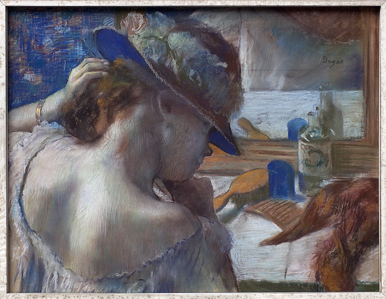 Framför spegeln. Verk av Edgar Degas (1834-1917), pastell omkring 1889. Fransk konst av Edgar Degas