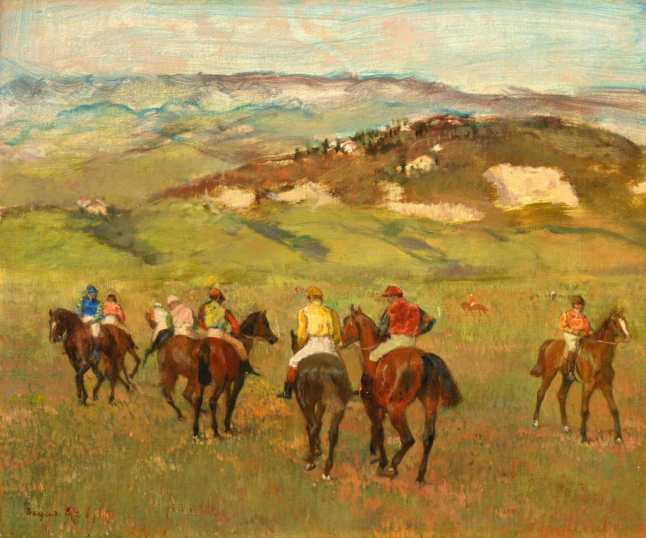 Jockeys på hästryggen före Distant Hills, 1884 av Edgar Degas
