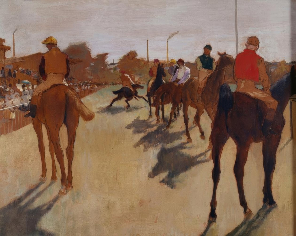 Paraden, även känd som tävlingshästarna framför läktarna. av Edgar Degas