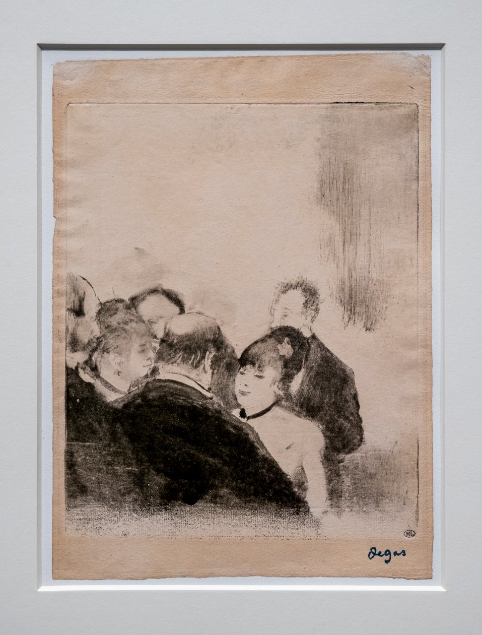 Lilla kardinal talar till sina beundrare. Omkring 1876-1877. Monotyp har svart bläck. av Edgar Degas