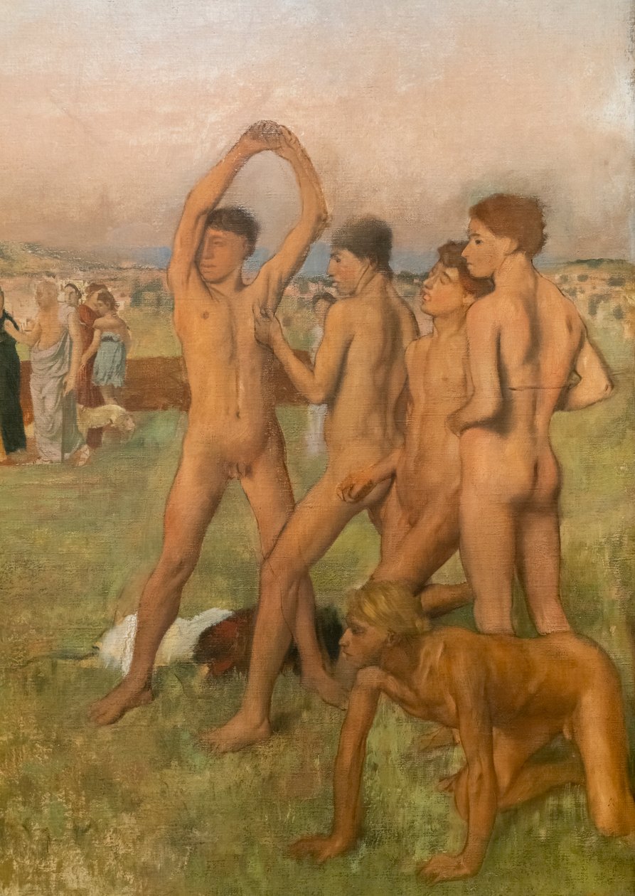 Små spartanska flickor som provocerar pojkar (detalj). Omkring 1860-1862, återupptagen före 1880. Olja på duk av Edgar Degas