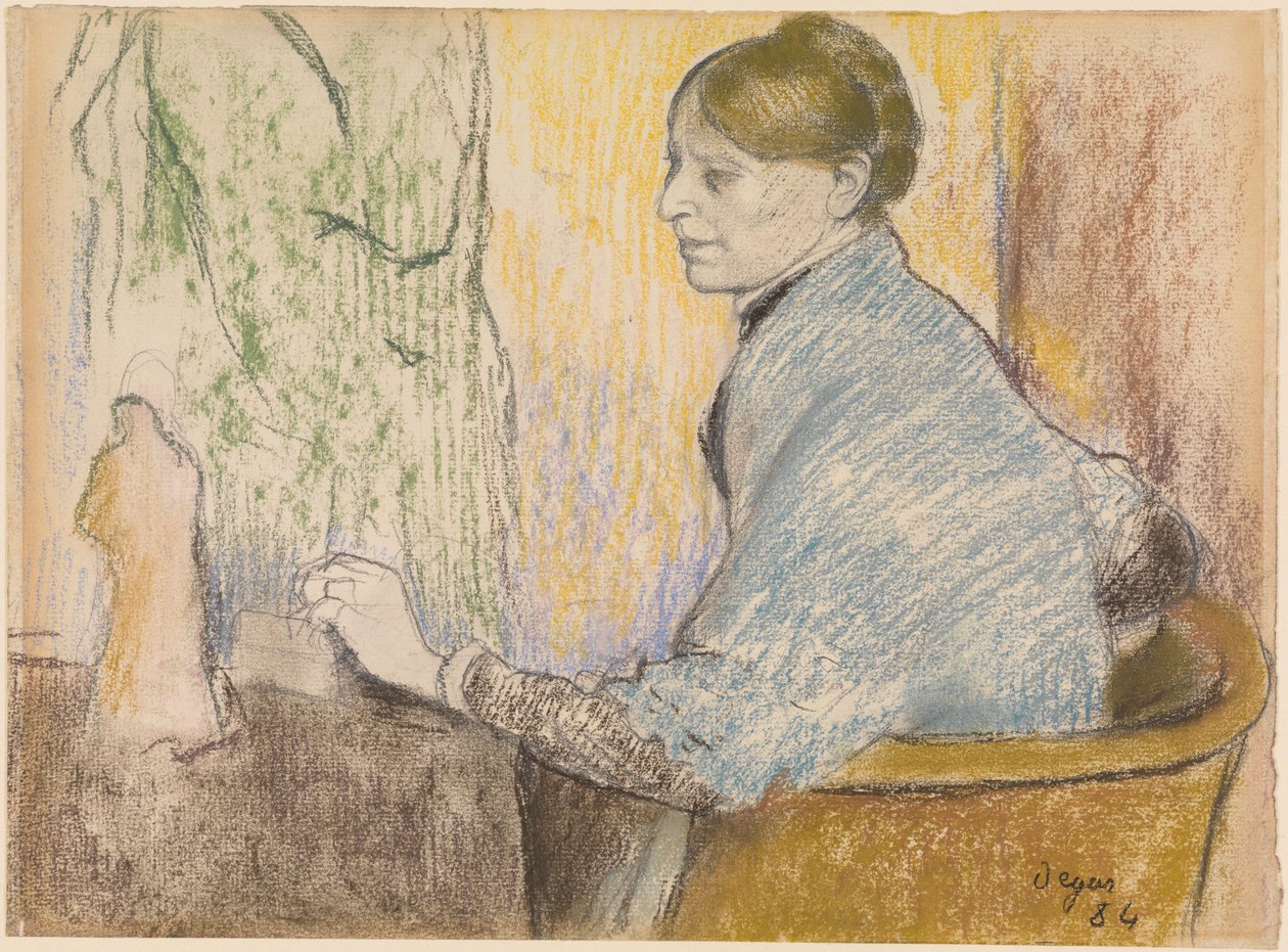 Madame Henri Rouart i en fåtölj framför ett litet bord med en Tanagra-statyett av Edgar Degas