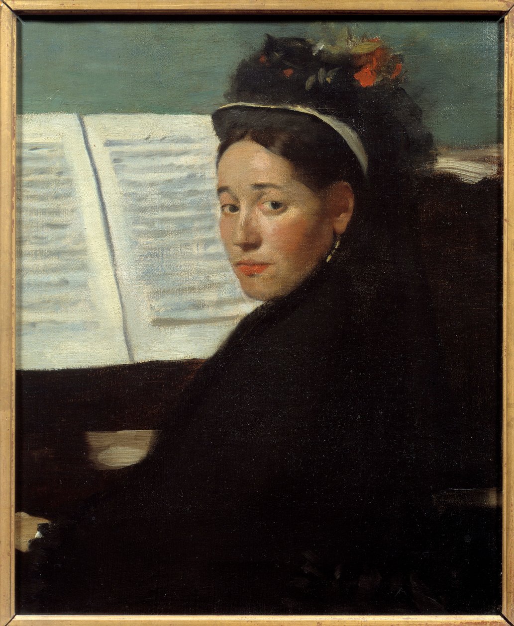 Mademoiselle Dihau (1843-1935) pianist vid konserterna Kolumn, vid piano Målning av Edgar Degas (1834-1917) 1869 Sön. 0,45x0,32 m Paris, musee d