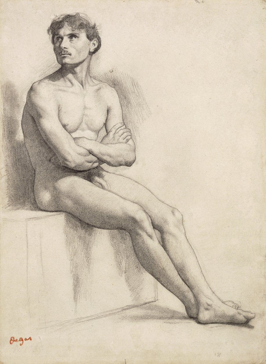 Man sitter, nakenstudie, 1858 av Edgar Degas