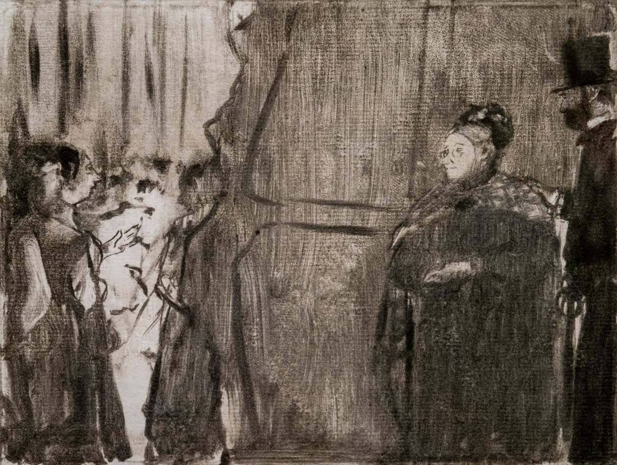 Möt Ludivic Halevy och Madame Cardinal bakom kulisserna. Omkring 1876-1877. Monotyp har svart bläck. av Edgar Degas