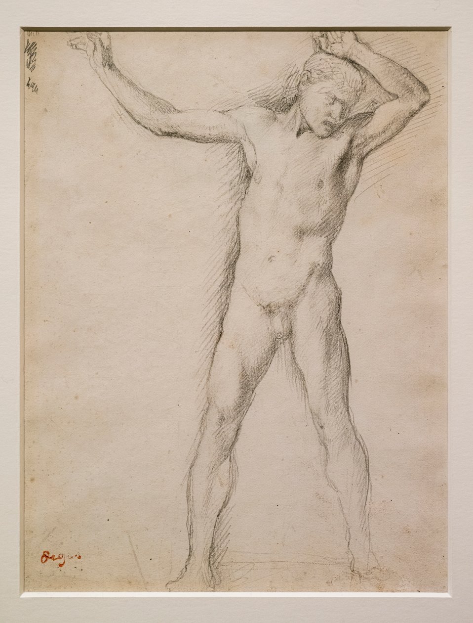 Naket ansikte, höjda armar, cirka 1859-1861. Grafit på velinpapper. av Edgar Degas
