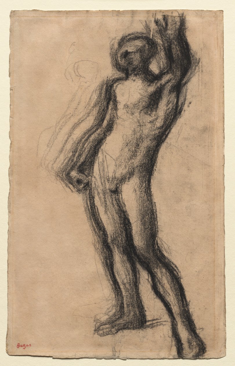 Naken man stående, med vänster hand upplyft, ca. 1900. av Edgar Degas