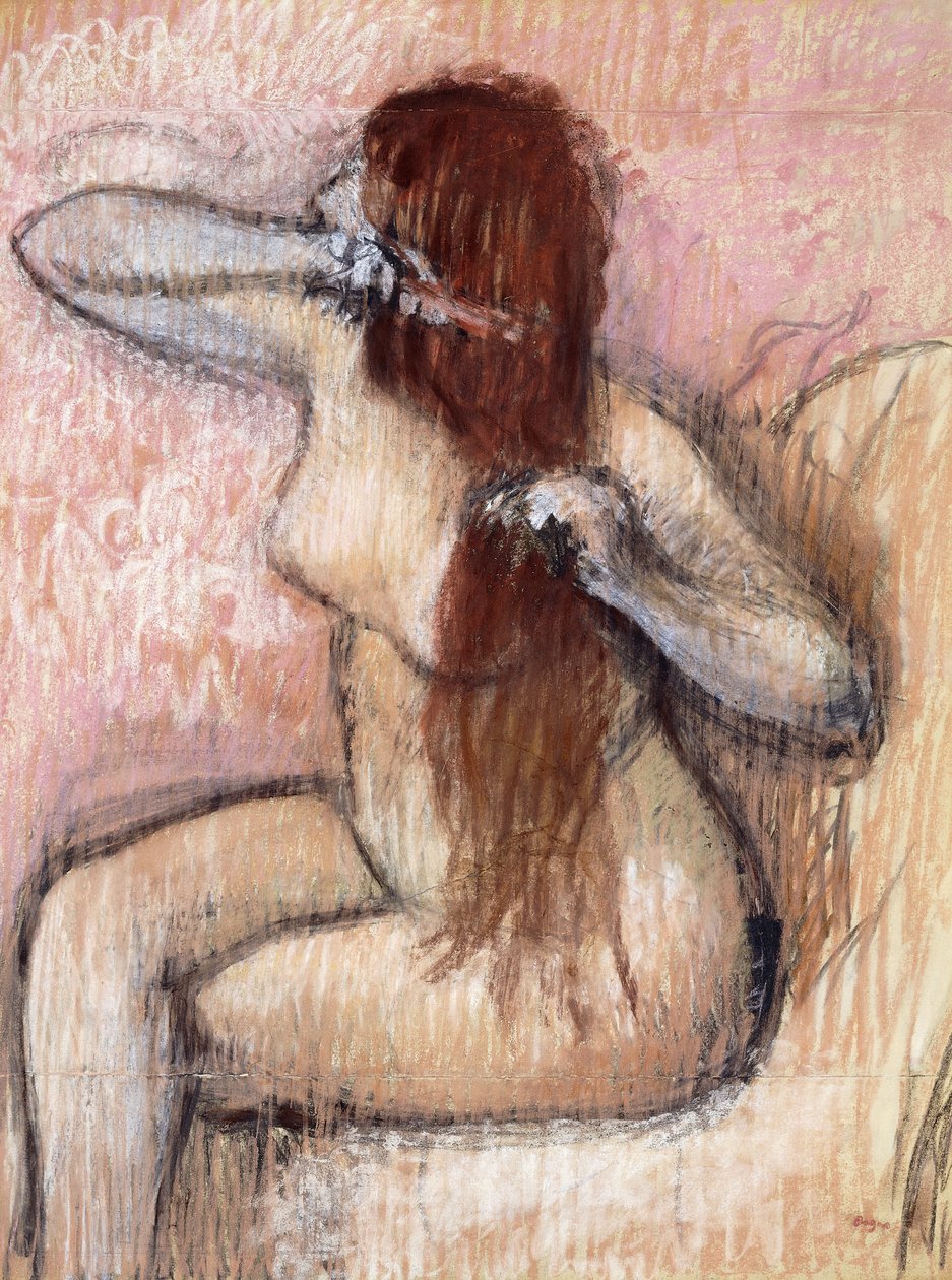 Naken sittande kvinna som ordnar hennes hår; Sittande naken kvinna, kammar sitt hår, ca 1887-1890 av Edgar Degas