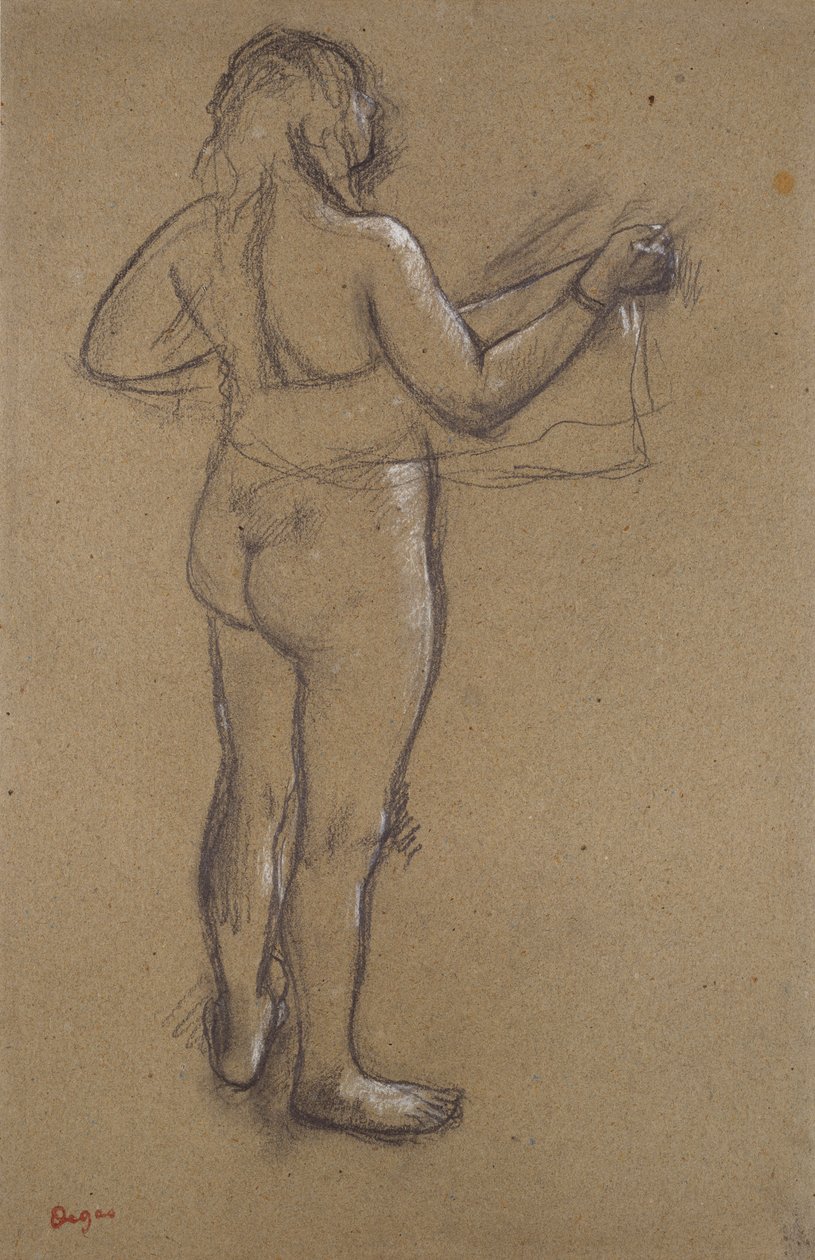 Naken kvinna som torkar sig med en handduk, sedd bakifrån, sent 1800-tal av Edgar Degas
