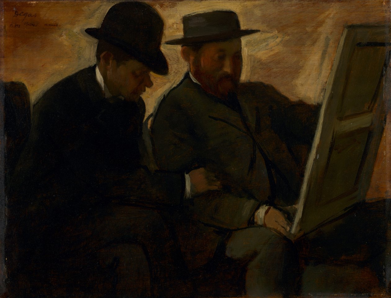 Paul Lafond och Alphonse Cherfils undersöker en målning, ca 1878-1880 av Edgar Degas