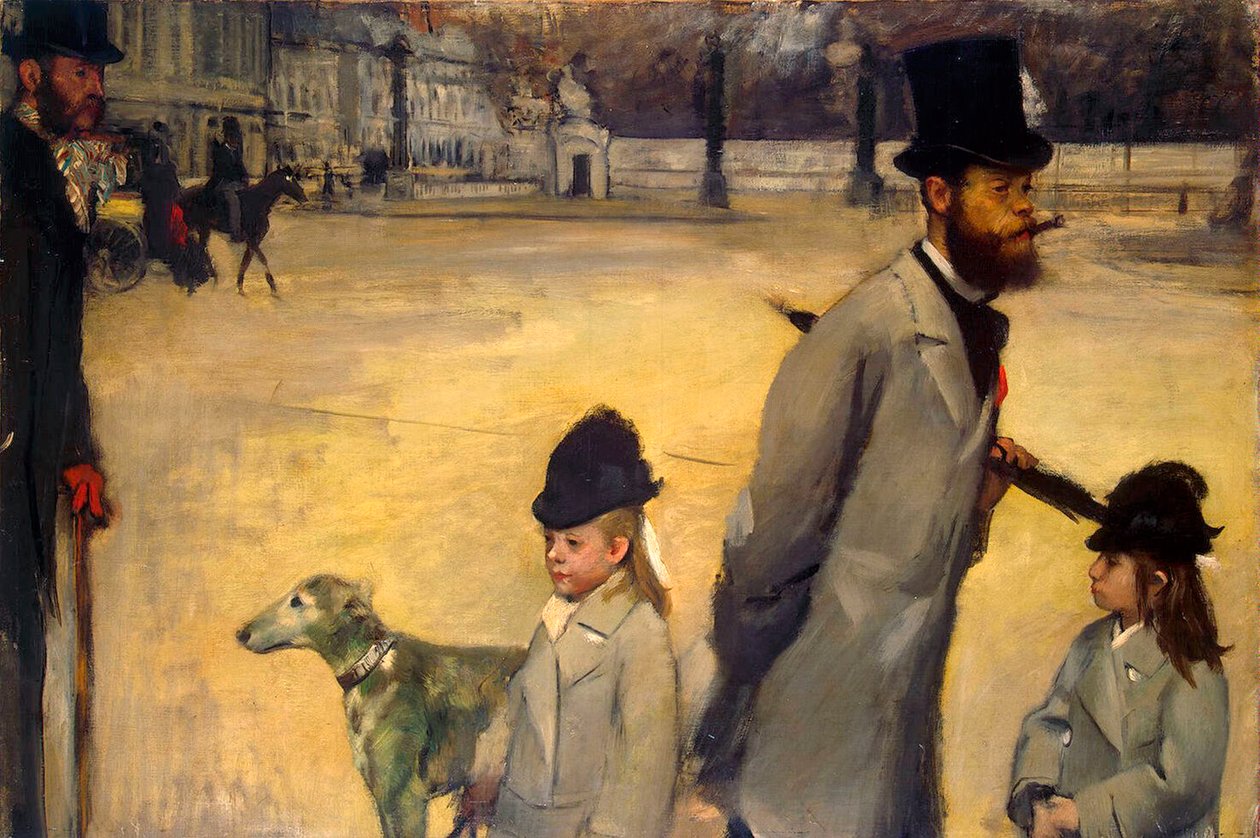 Place de la Concorde, Viscount Lepic och hans döttrar korsar Place de la Concorde, 1875. av Edgar Degas