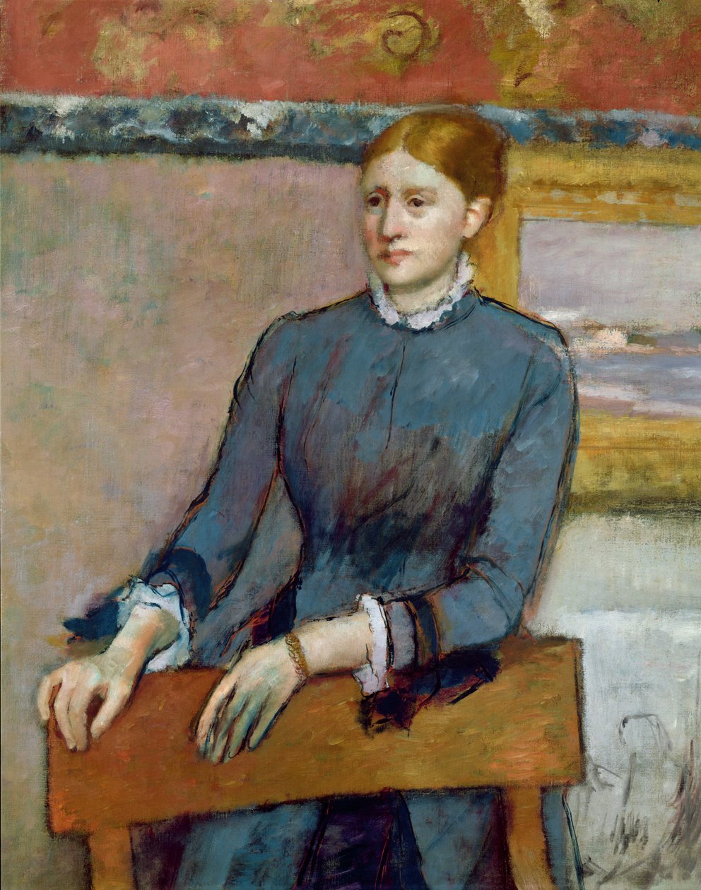 Porträtt av Helene Rouart i hennes fäders studie, detalj av Helene, ca 1886 olja på duk av Edgar Degas