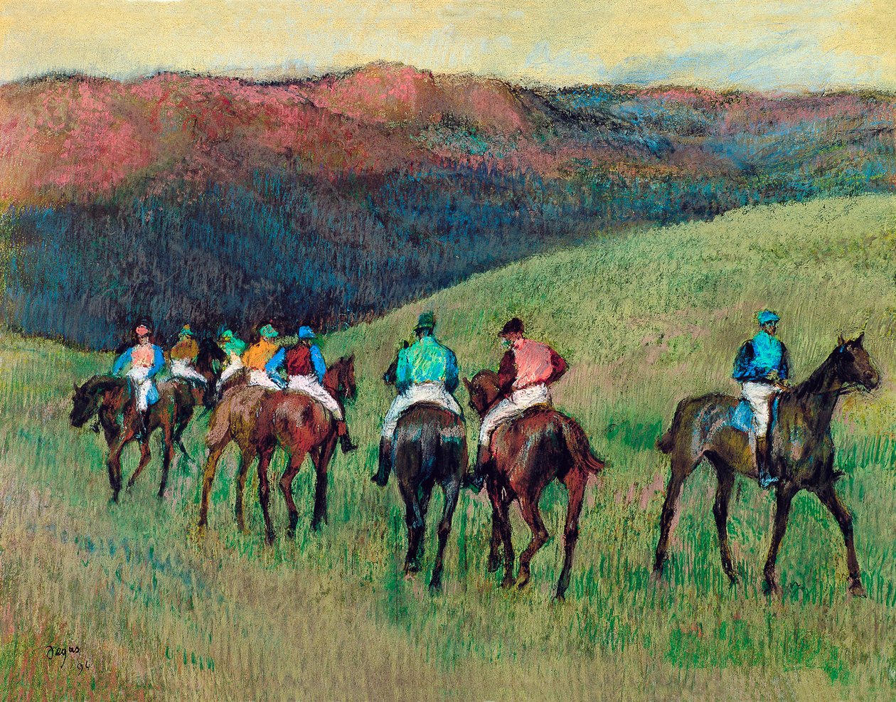 Tävlingshästar i ett landskap, 1894 av Edgar Degas