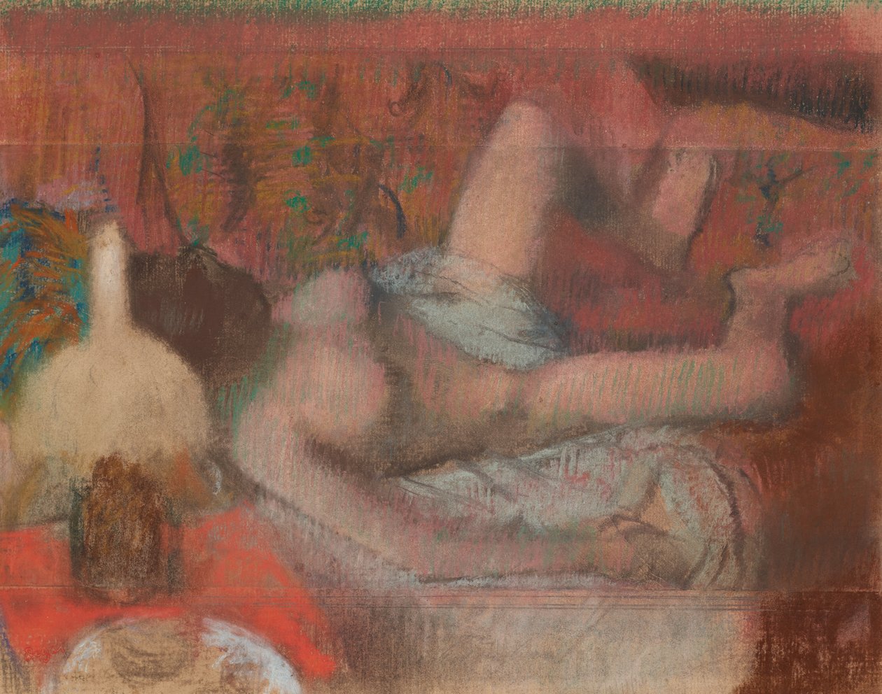 Liggande naken kvinna, ca 1888-90 (pastell över monotypi på papper) av Edgar Degas