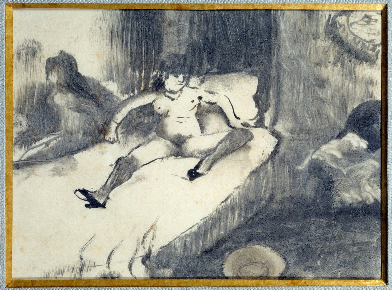 Vila på sängen En prostituerad vilar på sin säng på en bordell. Målning av Edgar Degas av Edgar Degas