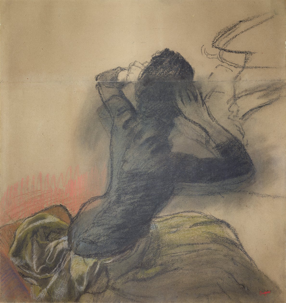 Sittande kvinna som justerar sitt hår, ca 1884 (krita och pastell på papper) av Edgar Degas